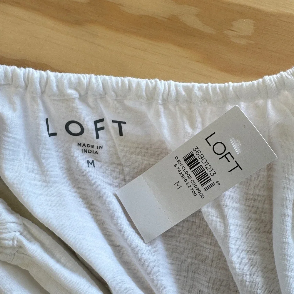 LOFT Cotton Slub Puff Sleeve Split Neck Blouse Top Medium 36801213 White Relaxed